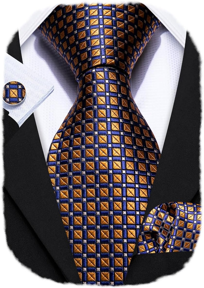 Barry.Wang Designer Classic Ties for Men Set Formal Pocket Square Cufflink Check Plaid