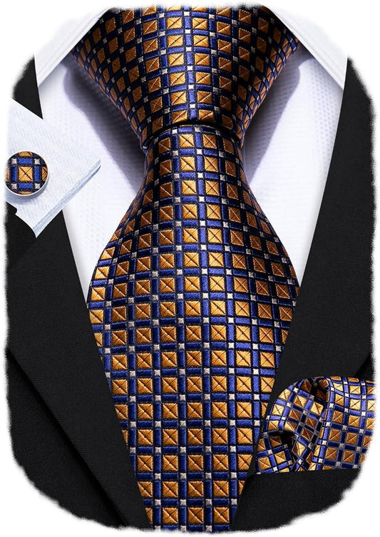 Barry.Wang Designer Classic Ties for Men Set Formal Pocket Square Cufflink Check Plaid