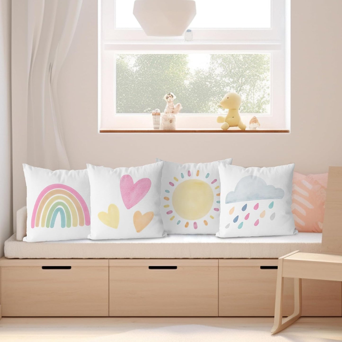 KEUSPI Rainbow Pillow Covers Decor for Toddler Girl Bedroom Little Girl Room Decor Playroom Pillows for Girls Kid Rainbow Room Decor for Nursery Classroom Decor Pastel Pillow Covers 18x18 Set of 4