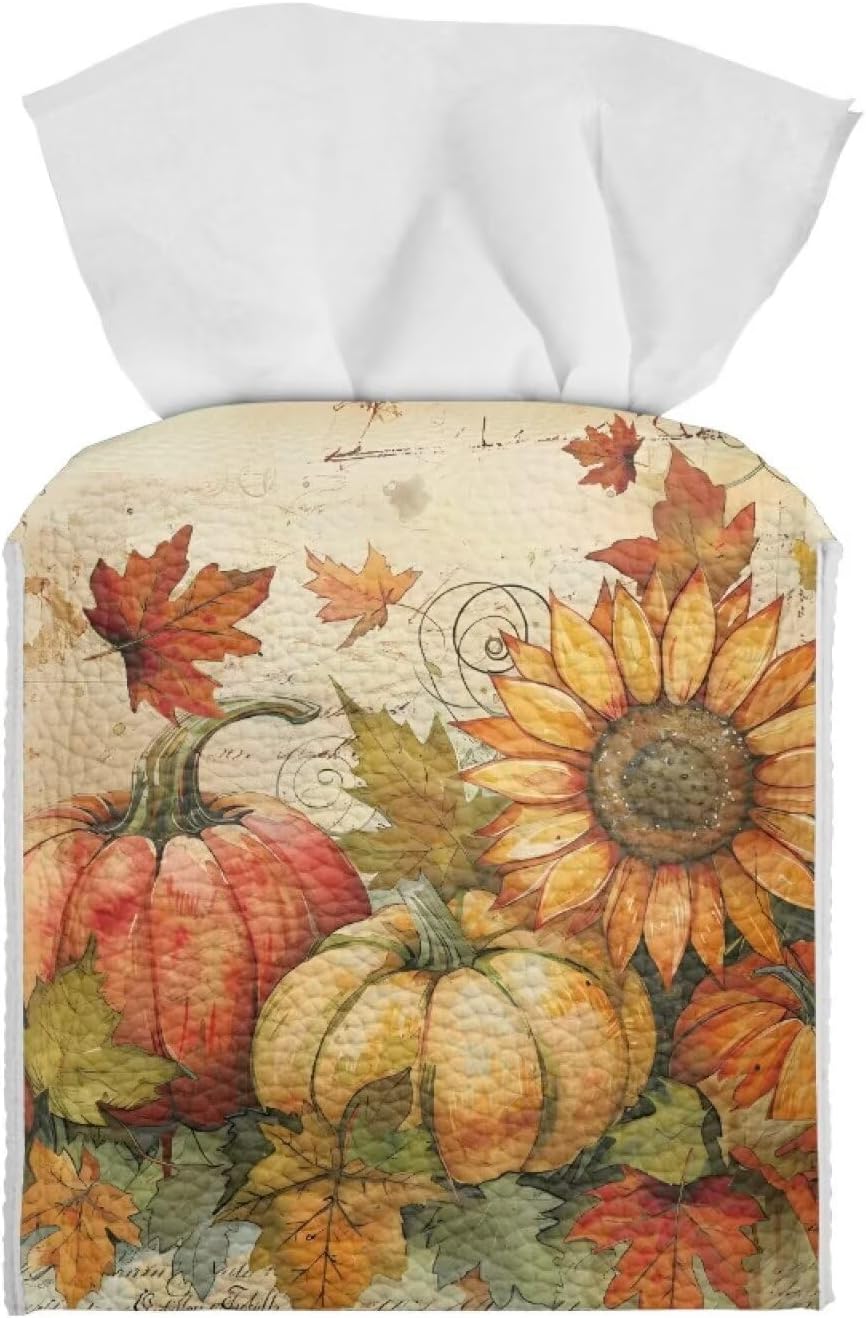 Thanksgiving Tissue Box Cover Cube Leather Tissue Box Holder Sunflower & Pumpkin Facial Paper Organizer 5x5x5 inch Mordern Home Decor for Bedroom Living Room
