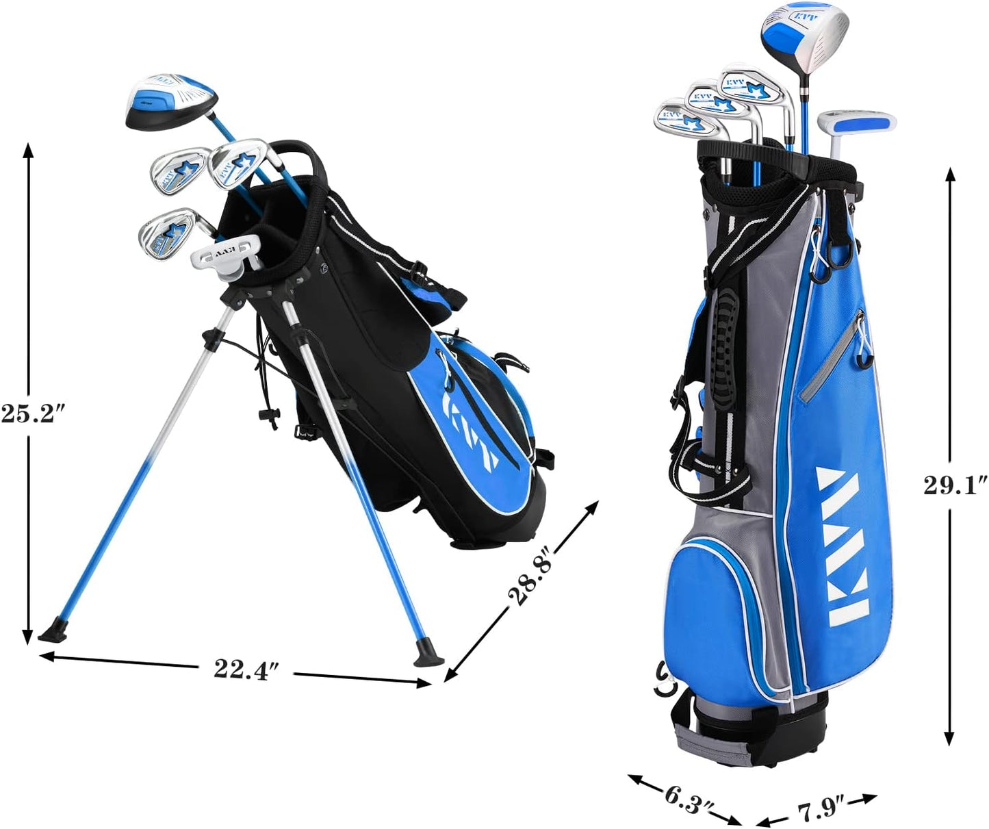 KVV Junior Complete Golf Club Set for Kids/Children Right Hand, Includes Oversize Driver, Irons, Putter, Head Cover, Portable Golf Stand Bag