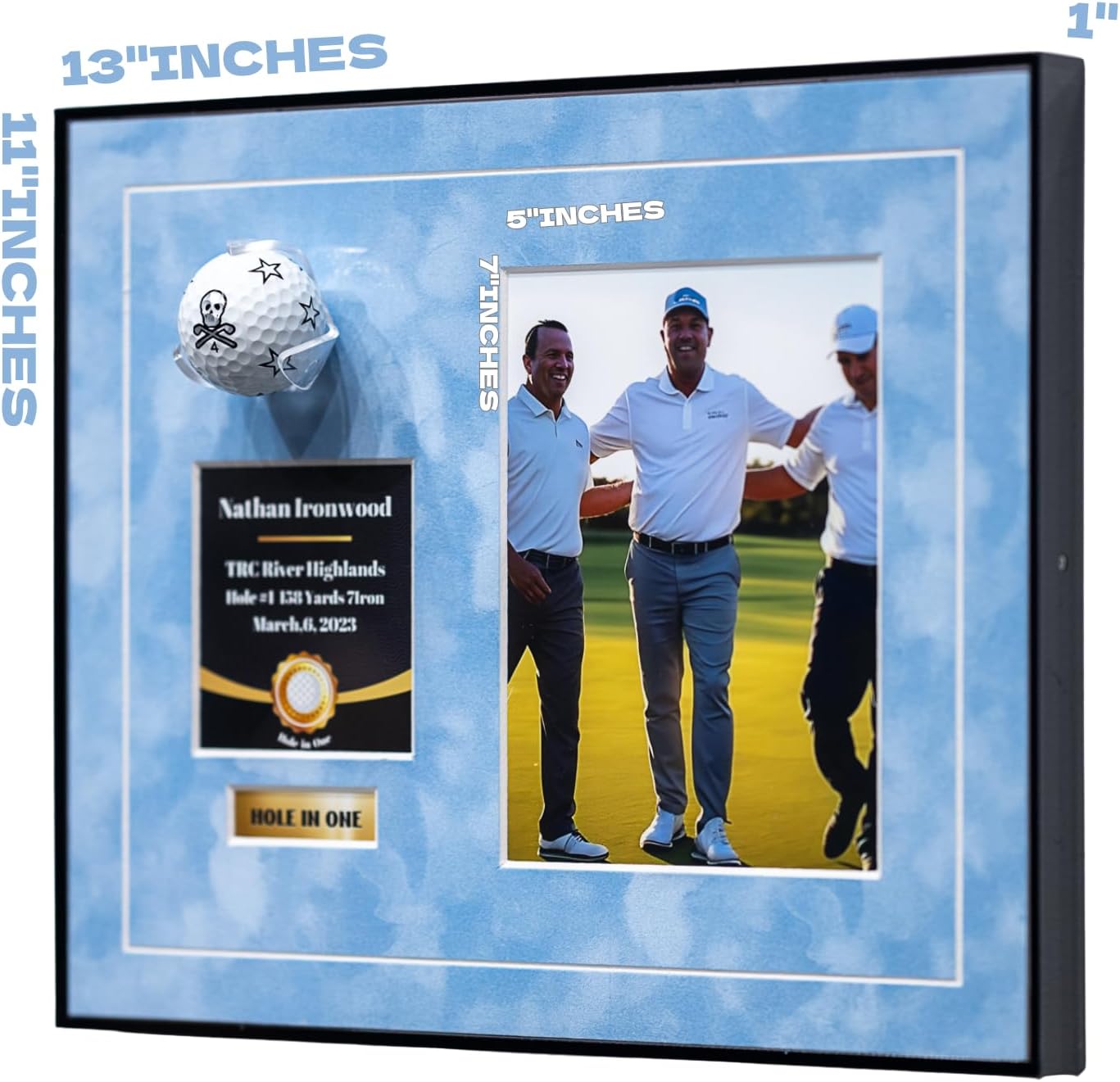 One-Shot Victory Golf Ball Display Frame – Acrylic Case with External Ball Mount, Custom Photo & Nameplate, Babyblue Suede Mat, Elegant Golf Keepsake Gift