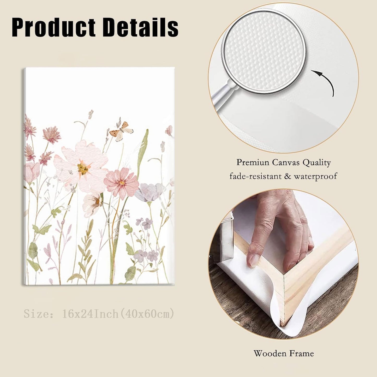 MTFBWY Floral Canvas Wall Art Flower Framed Art Prints Set of 3 Pink Wildflower Printing Botanical Nursery Pictures Wall Decor Artwork for Living Room Bedroom Bathroom 16x24in