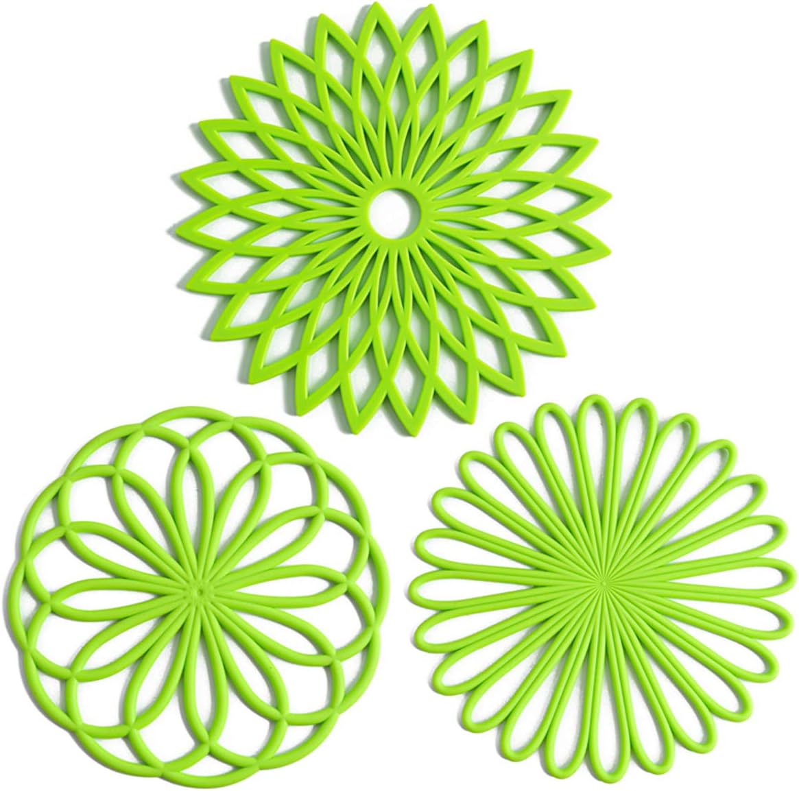 Set of 3 Silicone Trivet Mat - Hot Pot Holder Hot Pads for Table & Countertop - Trivet for Hot Dishes - Non-Slip & Heat Resistant Modern Kitchen Hot Pads for Pots & Pans, Lime Green