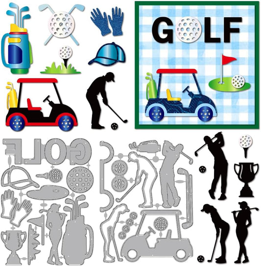 MAYJOYDIY Golf Theme Metal Die Cuts Golf Carts Clubs Cutting Dies Stencil Sport Caps Gloves Embossing Scrapbooking Cuts Template for DIY Scrapbooking Craft Card Making Album Gift Decor
