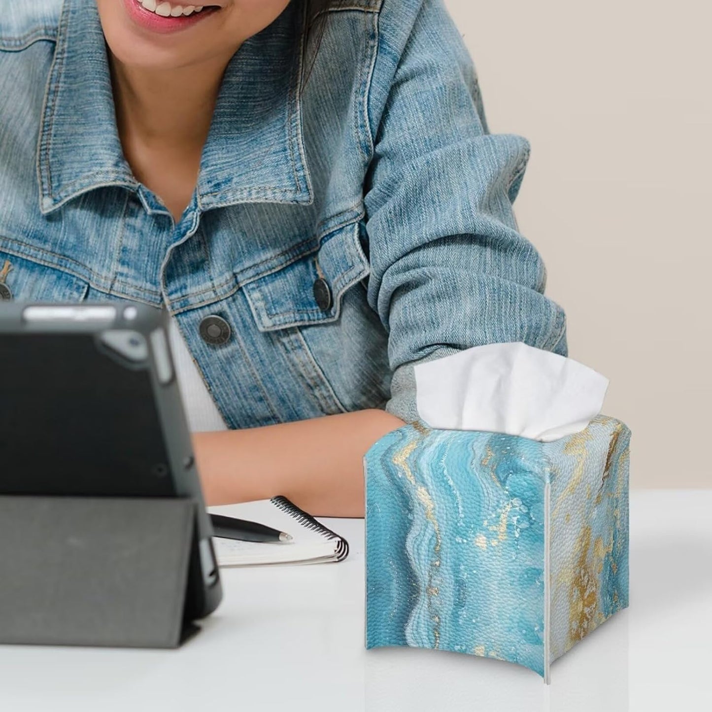 Marble Print Tissue Box Cover 5x5x5 inch Square PU Leather Facial Tissue Box Holder for Dresser Bathroom Decor Foldable Easy to Storage or Take