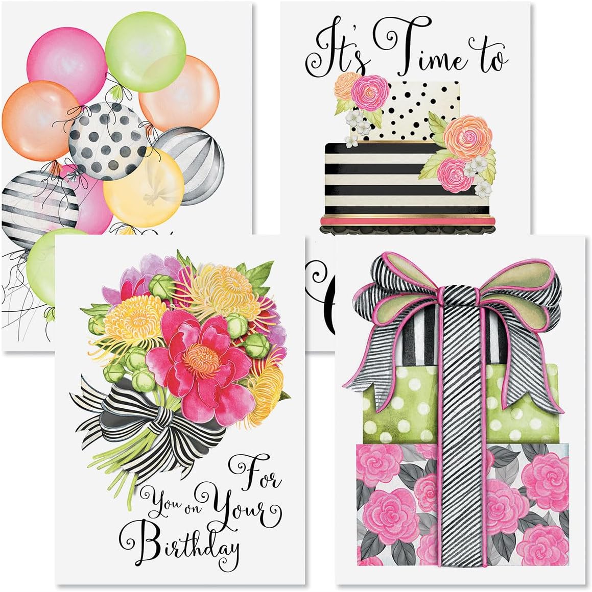 Striped Celebration Birthday Cards - Set of 8 (4 designs), Large 5" x 7" Birthday Cards, Sentiments Inside, Envelopes Included