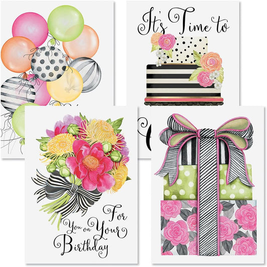 Striped Celebration Birthday Cards - Set of 8 (4 designs), Large 5" x 7" Birthday Cards, Sentiments Inside, Envelopes Included