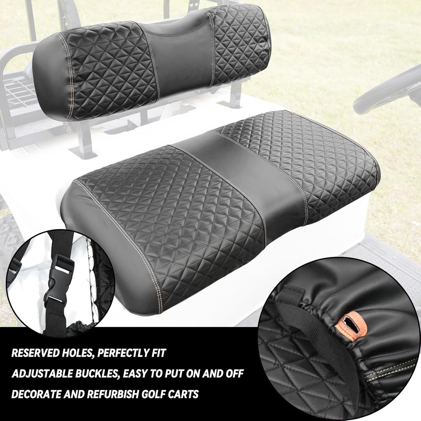 XUANYUDG0769 Golf Cart Front and Rear Seat Covers for EZGO TXT/RXV Club Car DS/Precedent Yamaha G29, Vinyl Leather Made/Adjustable Straps and Retractable Buckle/No Stapler Required,4PCS