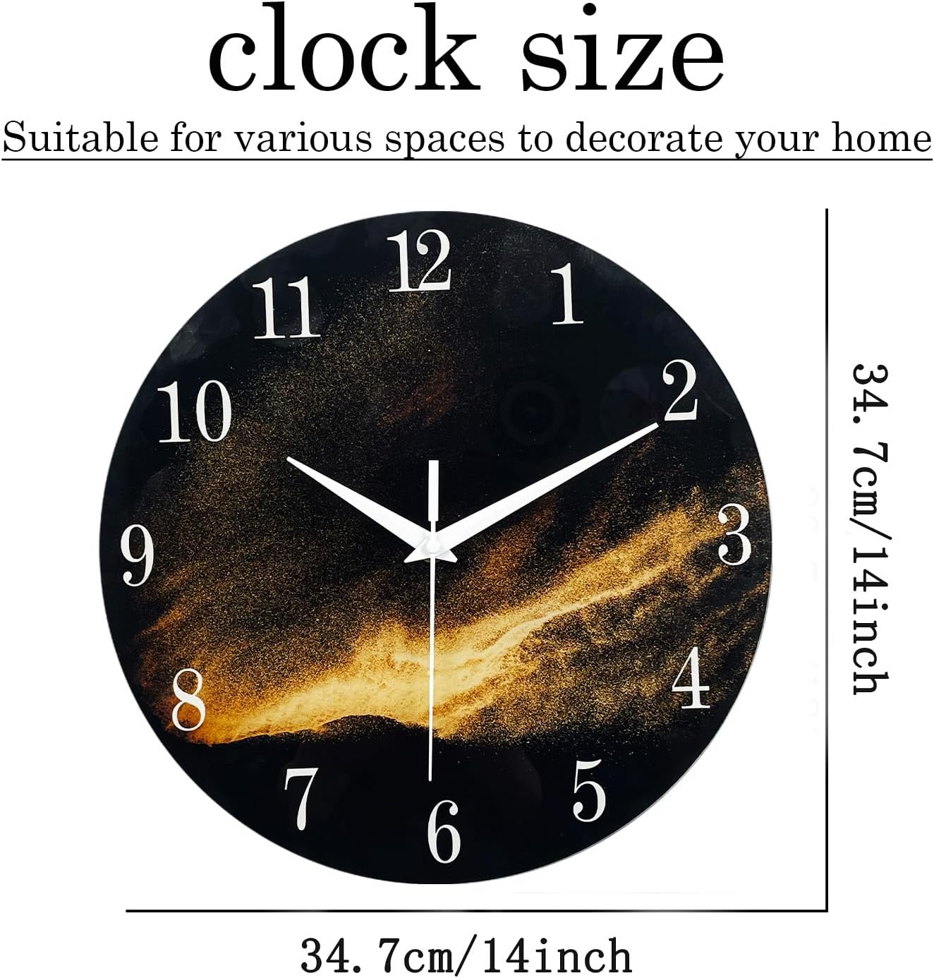 Black Wall Clock for Living Room 14 Inch Glass Analog Wall Clock Battery Operated Silent Clock for Bedroom Office