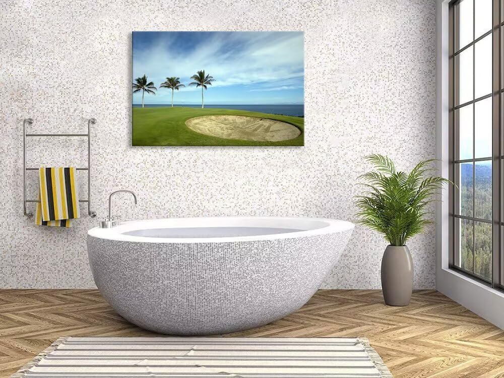 Green Hawaiian Golf Course Wall Art for Living Room Bedroom Bathroom Home Decorations Golf Art Canvas Prints Hawaii Golf Course Picture Poster Framed Artwork Ready to Hang(12''H x 16''W)