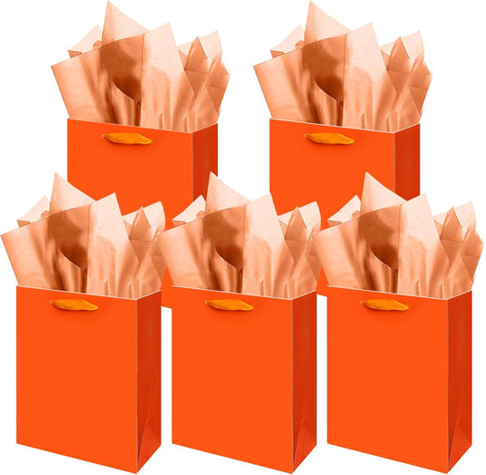 Gcardist Dark Orange Gift Bags with Tissue Paper for Wedding, Birthday, Party Supplies-7.9"x4.3"x9.6" Medium Size Cardboard Gift Bags（5pcs Bags +10pcs Tissue Paper ）