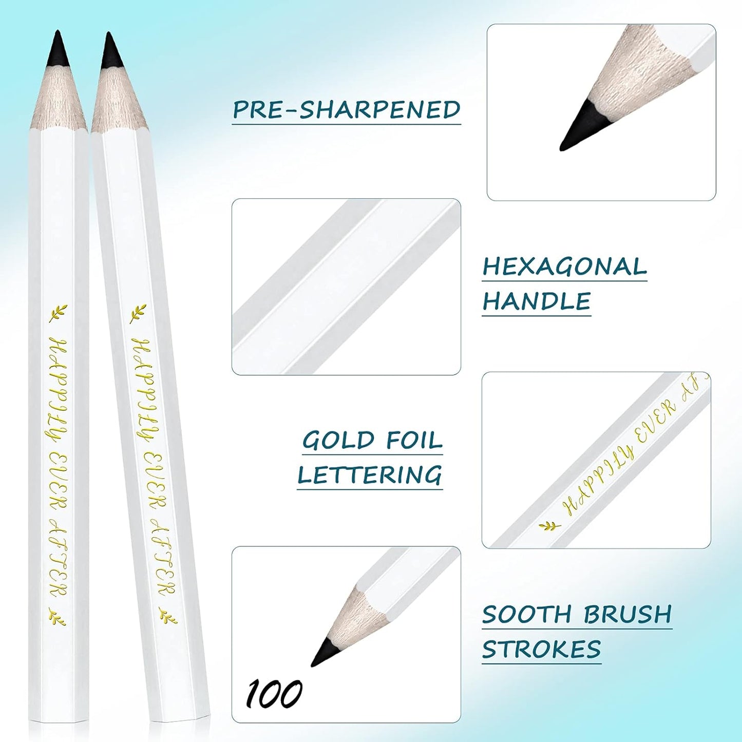 50 Pcs Wedding Half Pencils - Happily Ever After Mini Short Golf Pencils for Bridal Shower Favor Gift Company Meetings (White)