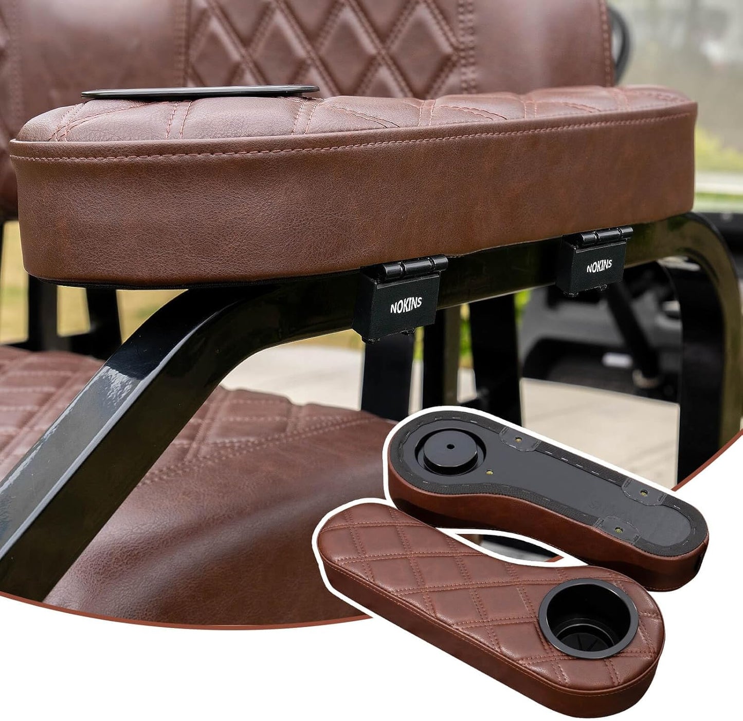 NOKINS Golf Cart Armrest with Cup Holder for EZGO/Club Car/Yamaha, No Drilling Required, Golf Cart Flip Hinged Armrest for Rear Seat with 1 inch Square Tube Frame (Brown&Brown 8438)