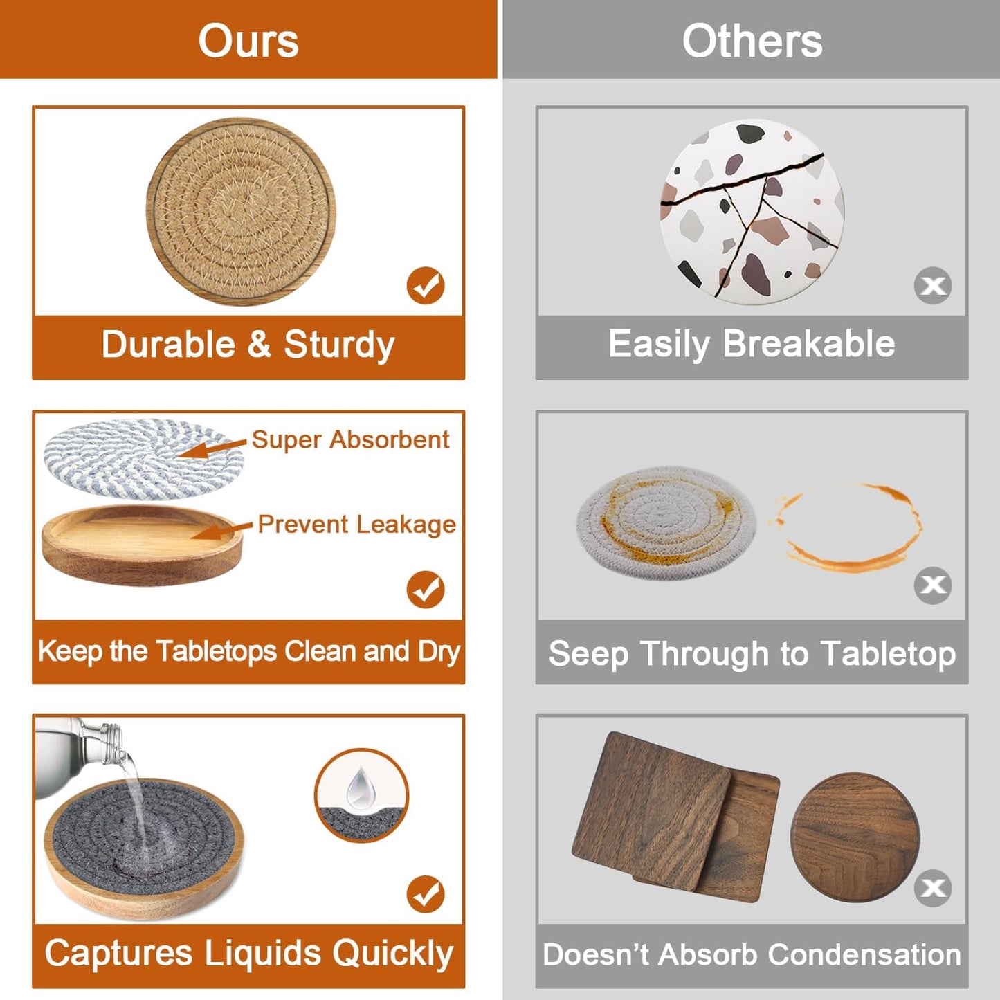 Coasters for Drinks Absorbent Sets of 8, Woven Coasters with Holder, Wood Coasters for Coffee Table, Housewarming Gift for Farmhouse Home Decor, 4 inches Brown & Gray