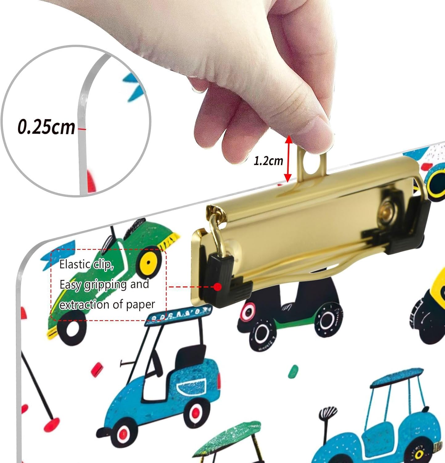 Golf CarThick Clear Acrylic Clipboard with Shiny Gold/Silver Finish Clip21344438