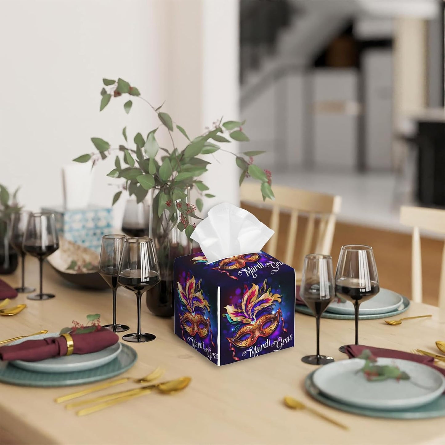 Tissue Box Cover Square,Mardi Gras Mask Tissue Box Holder Waterproof Leather Facial Paper Case Modern Home Decoration for Bedroom Dresser Night Stand Office Desk