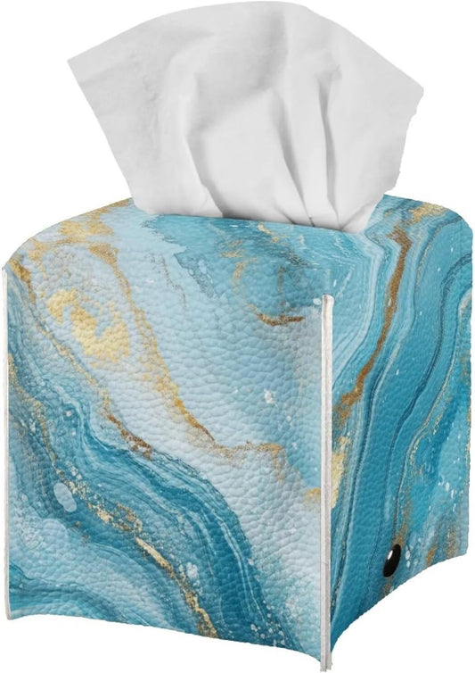 Marble Print Tissue Box Cover 5x5x5 inch Square PU Leather Facial Tissue Box Holder for Dresser Bathroom Decor Foldable Easy to Storage or Take