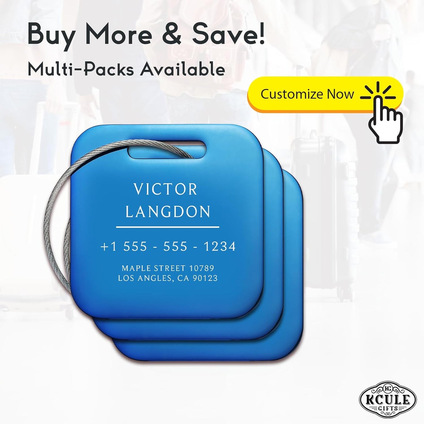 Stainless Luggage Tags for Suitcases: Metal Personalized Luggage Tags and Bags with Customizable Texts (Blue)