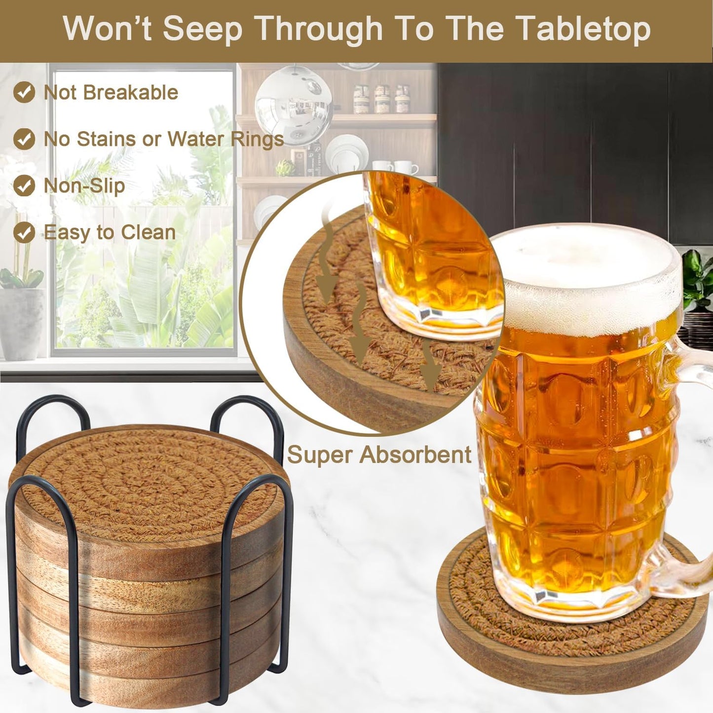 6 Pack Coasters for Drinks Absorbent, 4.3 inches Cork Coasters for Coffee Tables, Wooden Drink Coasters for Table Protection, Cute Coasters for Kitchen, Farmhouse, Bar, and Office (Dark Brown)