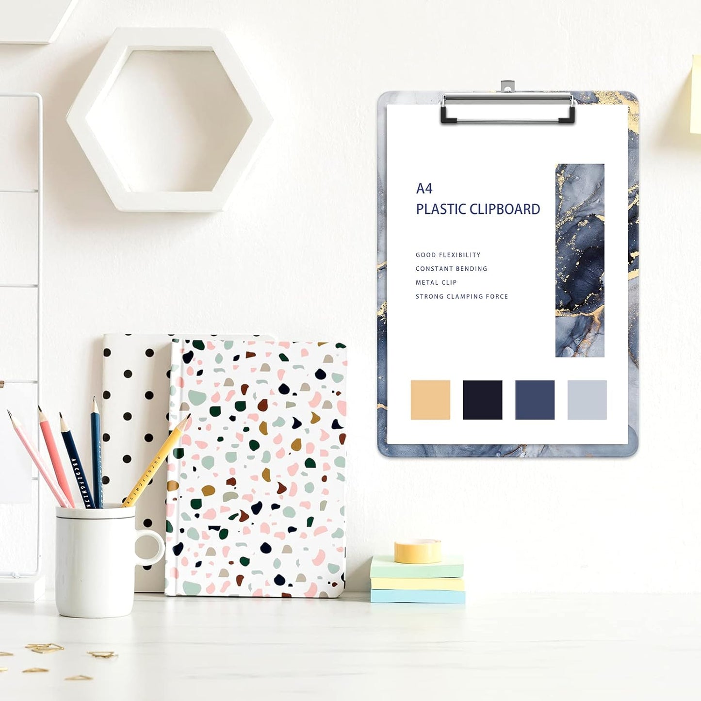 Plastic A4 Clipboards, Cute Clip Board Stardard Letter Size 9 x 12.5 in, Office Decorative for Students Women Men and Kids, Black Gold Marble