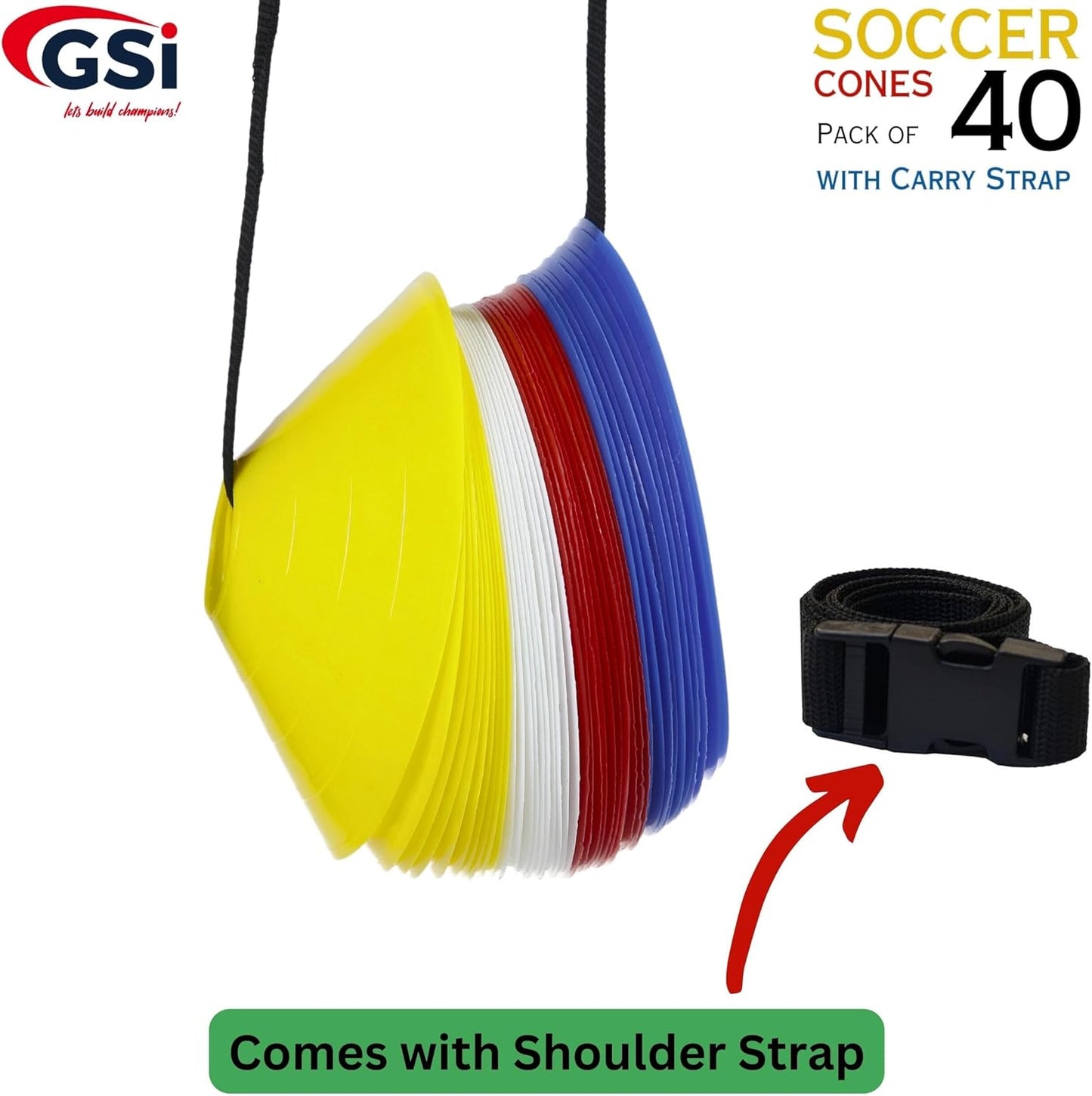GSi Sports Cones | 40 Pack Training Cones with Strap for Agility Drills, Soccer, and Sports Practice and Shapes