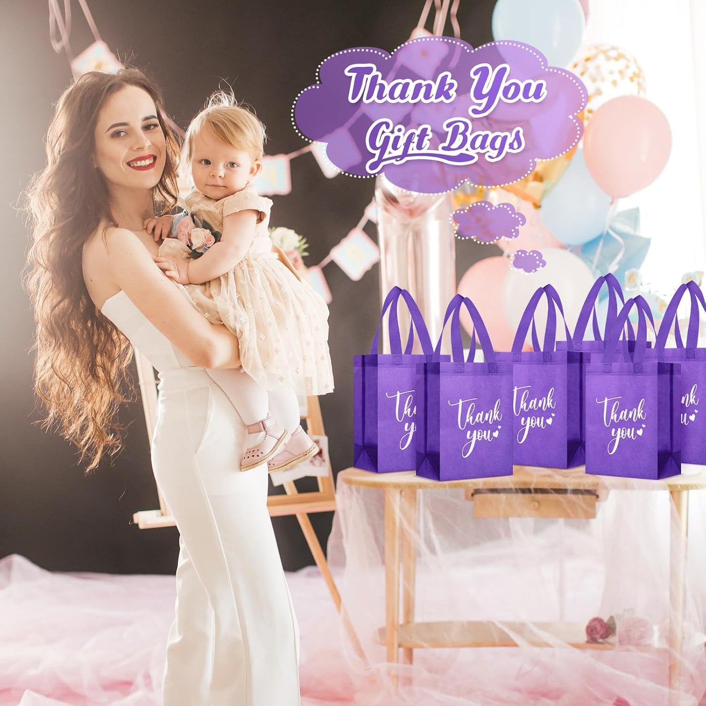Sweetude 30 Pcs Thank You Gift Bags with Handles Bulk Reusable Goodie Bag Non Woven Foldable Handbag for Graduation Wedding Bridesmaid Gifts(10 x 8 x 4 Inch,Dark Purple)