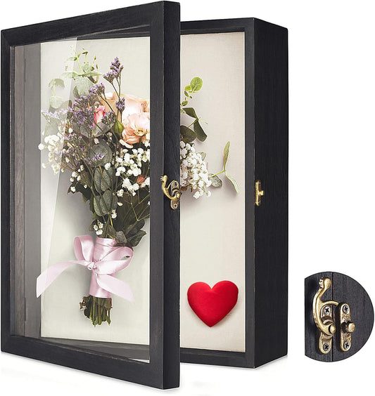 TJ.MOREE Flowers Shadow Box Display Case 11 x 14 Large Shadowbox Frame with Glass Window Door Wedding Bouquet Medals Photos Memory Box for Keepsakes - Rustic Black