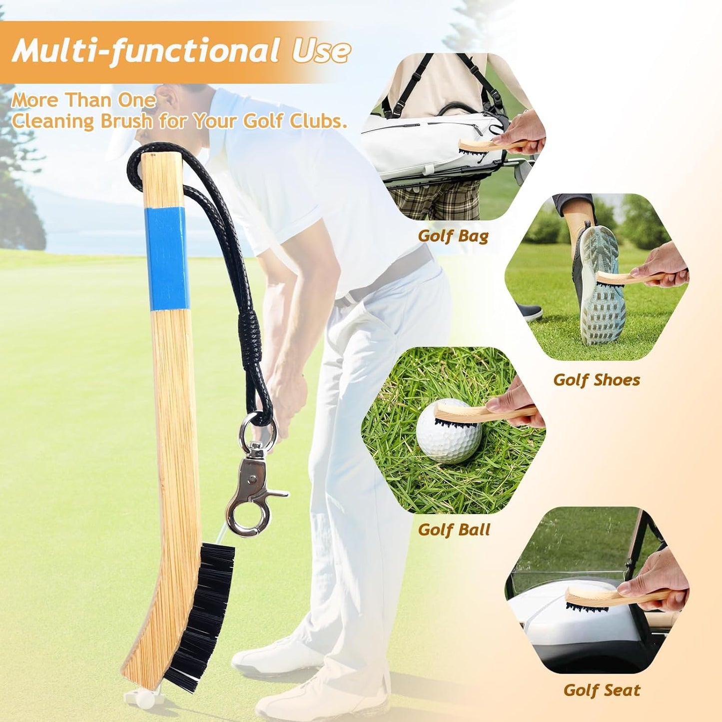 Pro Golf Club Cleaning Brush with Ergonomic Handle, Rope and Metal Clip, Heavy Duty Nylon Bristles Cleans Grooves Without Damaging Rod Face - Golf Accessories