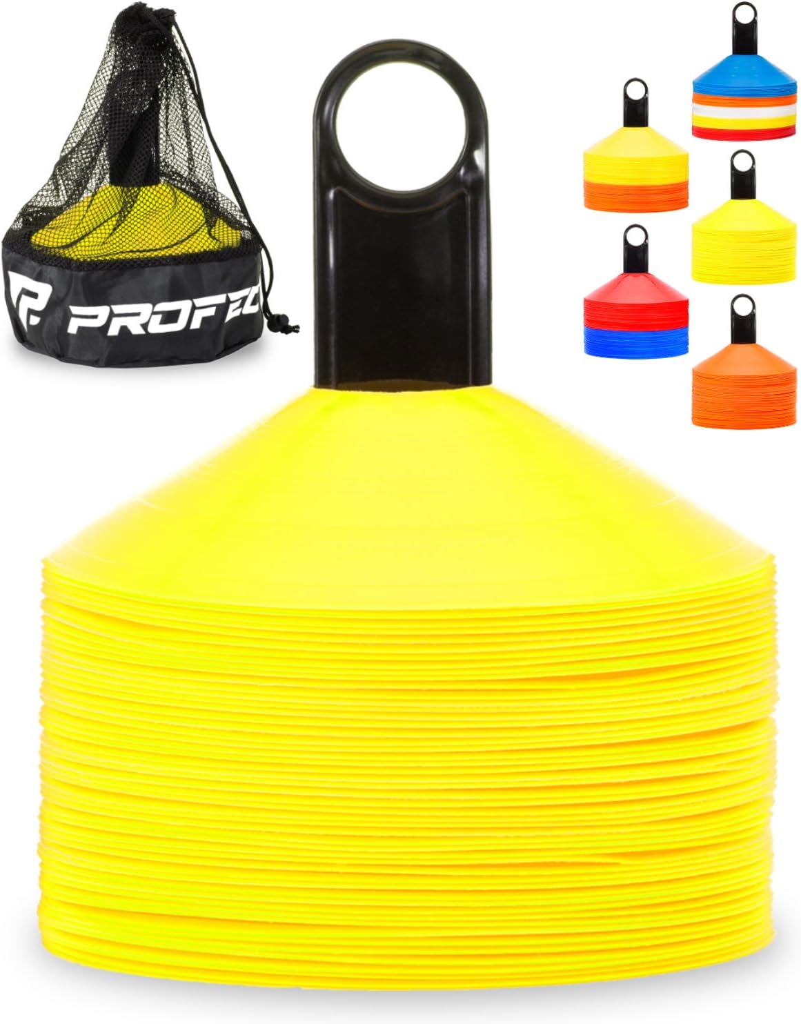 Pro Disc Cones (Set of 50) - Agility Soccer Cones with Carry Bag and Holder for Sports Training, Football, Basketball, Coaching, Practice Equipment, Kids - Includes 15 Best Cone Drills Book