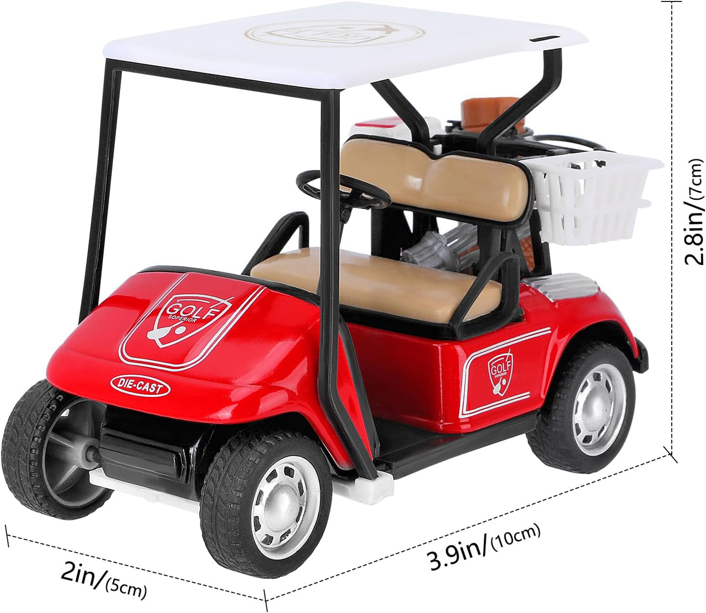 Golf Decor for Golf Party, Miniature Golf Cart Model with Accessories, Red and White, Die-Cast Collectible Golf Cart Decoration