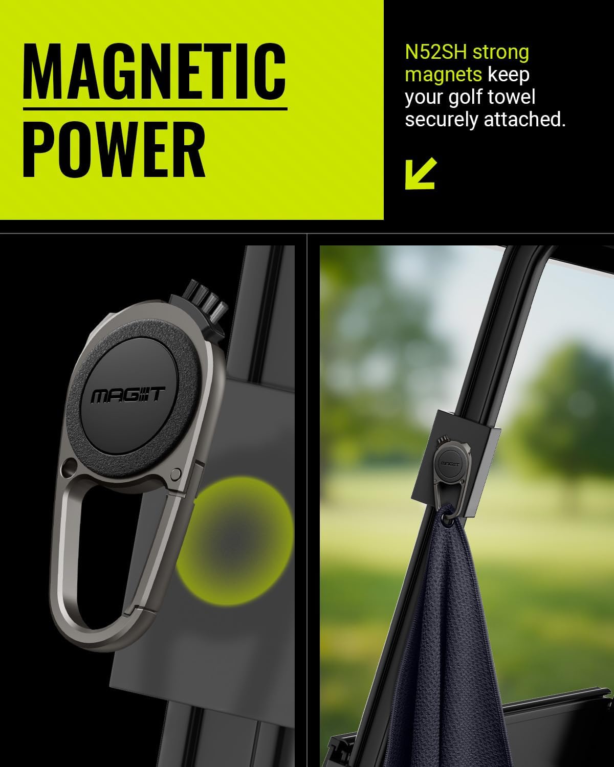 MAG-iT Magnetic Golf Towel with Carabiner | Strong Magnet, Ultra-Absorbent Microfiber, Groove Cleaner for Golf Bags - Black