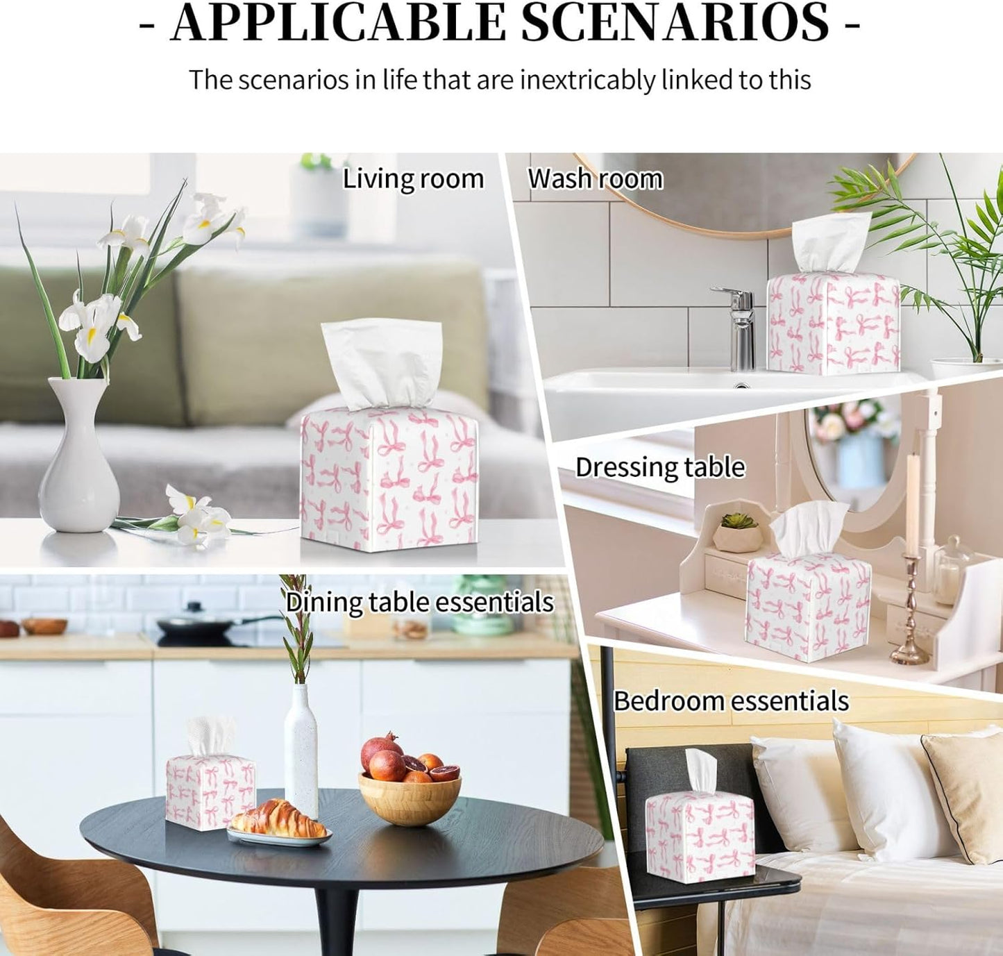 Pink Bow Tissue Box Holder Paper Organizer, PU Leather Tissue Case Cover, Bow Decor for Bathroom, Kitchen, Car