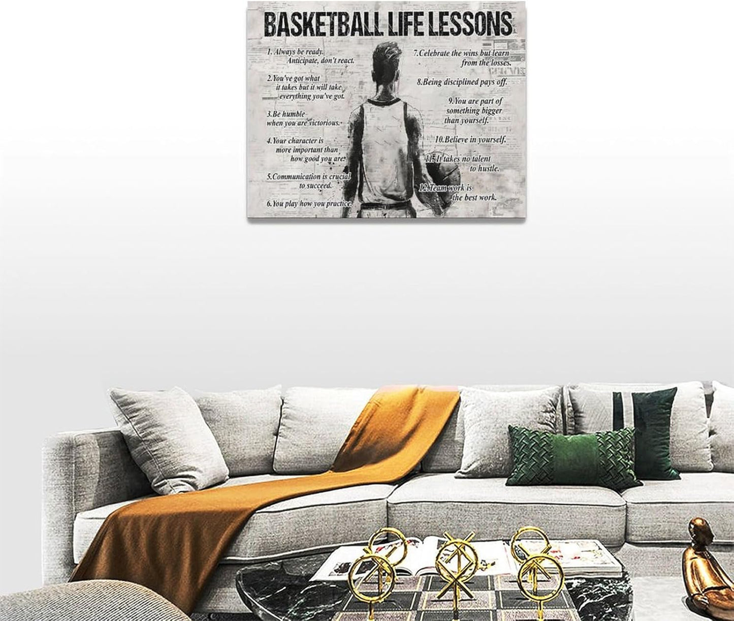 Basketball Life Lessons Wall Art - Sports Sign Retro Poster for Boy Men Room - Motivational Decorations Canvas Print Painting Artwork for Bedroom Bathroom Living Room 16"x12"