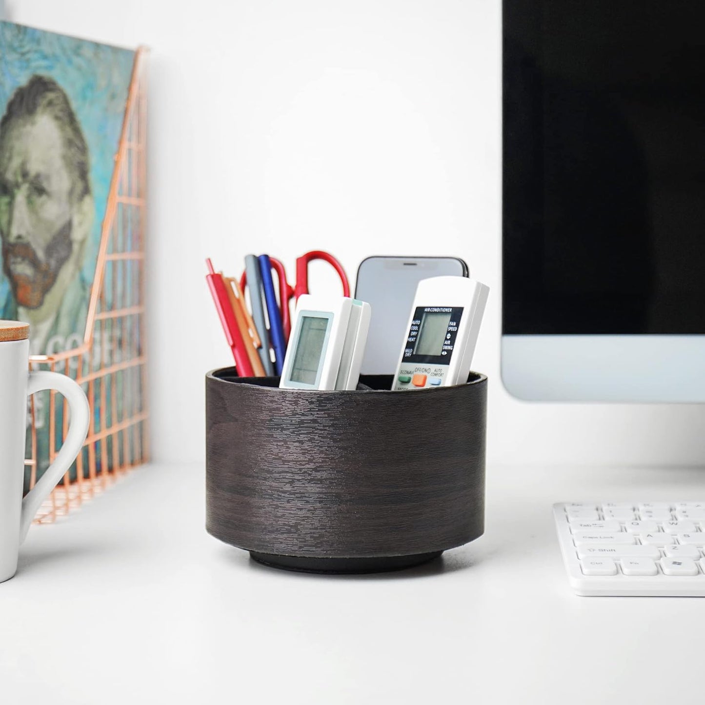 Hennaja Round Leather Art Supply Organizer,Remote Control Holder,360 Degree Spinning,Multi-Functional Pencil Holder,4 Compartments Desktop Stationary Organizer(1-Dark Brown2)