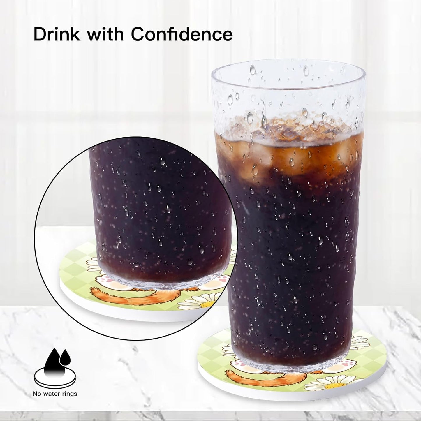 Coasters Absorbent Ceramic Coaster Drink Coasters with Cork Back Lazy Cats Set of 6 Round Coaster Non Slip for Coffee Table Wine Glass Home Bar 4 Inch, Cute