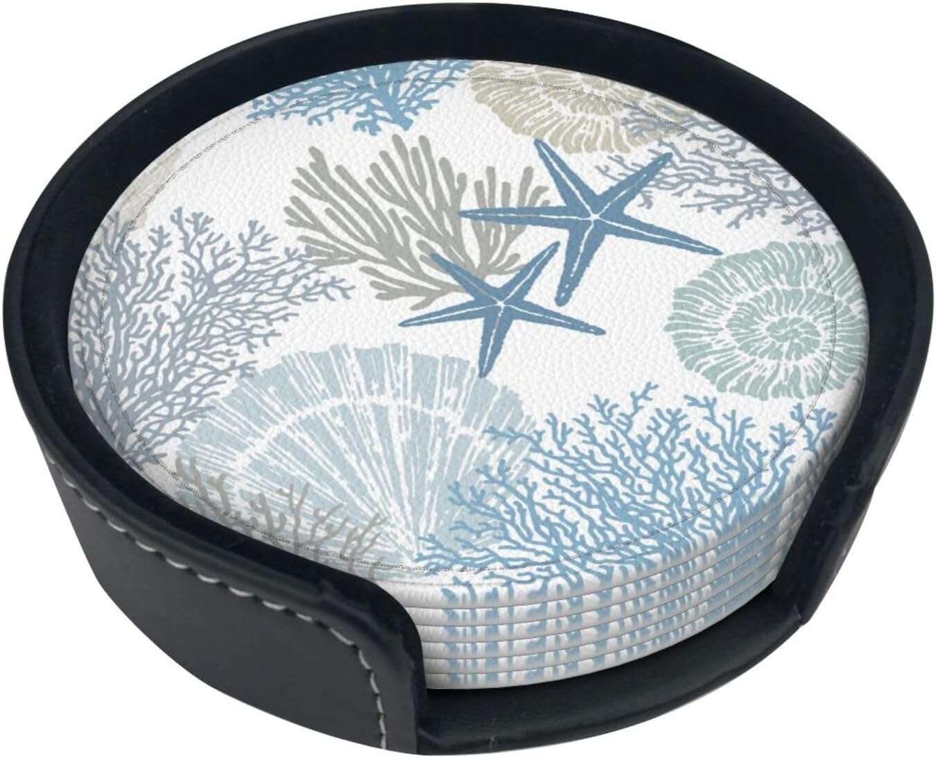 Nautical Sea Shell Star Coral Coastal Coasters for Drinks Round Leather Coaster with Holder Set of 6 for Tabletop Protection Desk Accessories Office Home Room Decor