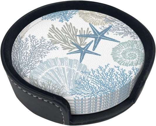 Nautical Sea Shell Star Coral Coastal Coasters for Drinks Round Leather Coaster with Holder Set of 6 for Tabletop Protection Desk Accessories Office Home Room Decor