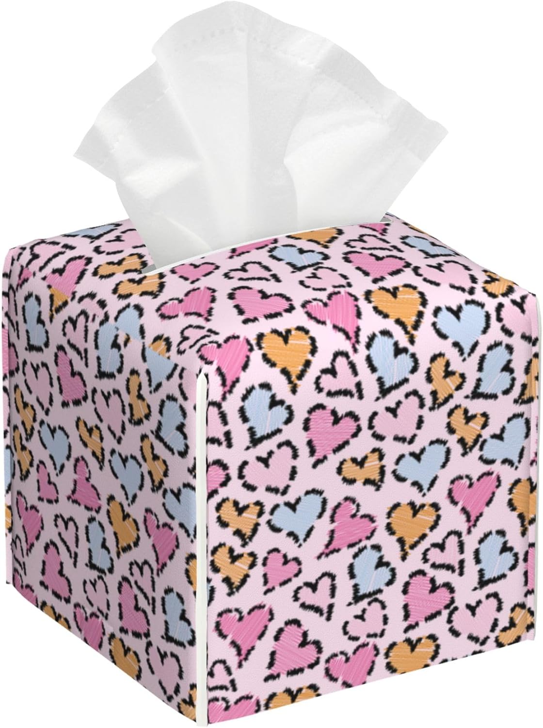 Colorful Heart Leopard Print Tissue Box Cover Square, Tissue Box Holder Leather Facial Paper Case Decorative Organizer Holder Dispenser Home Office Car Decor