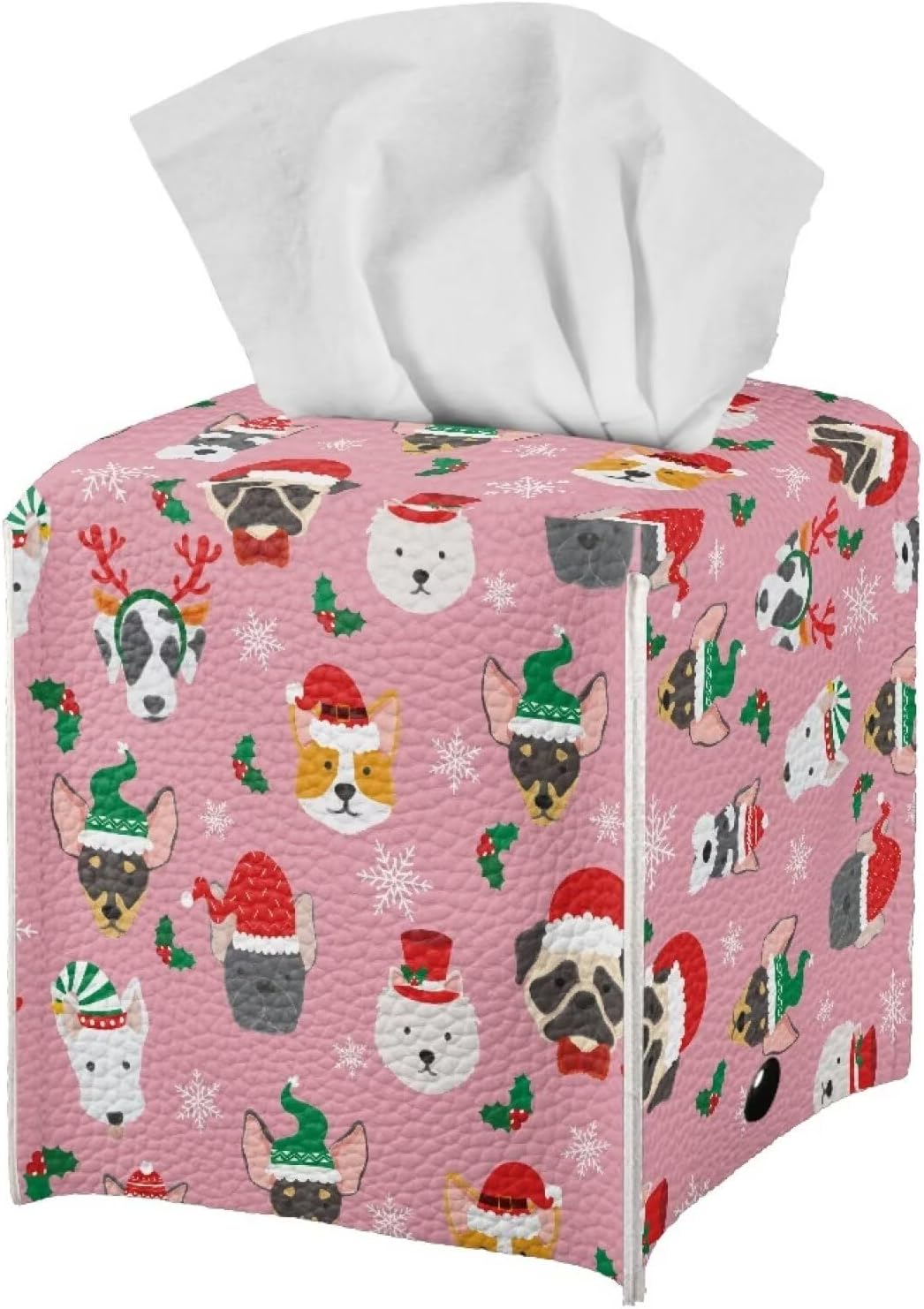 Pink Christmas Tissue Box Cover Funny Animal Print Soft Leather Tissue Cover Square Home Office Holiday Decorative Tissue Box Holder Organizer for Desk Bathroom Vanity Countertop