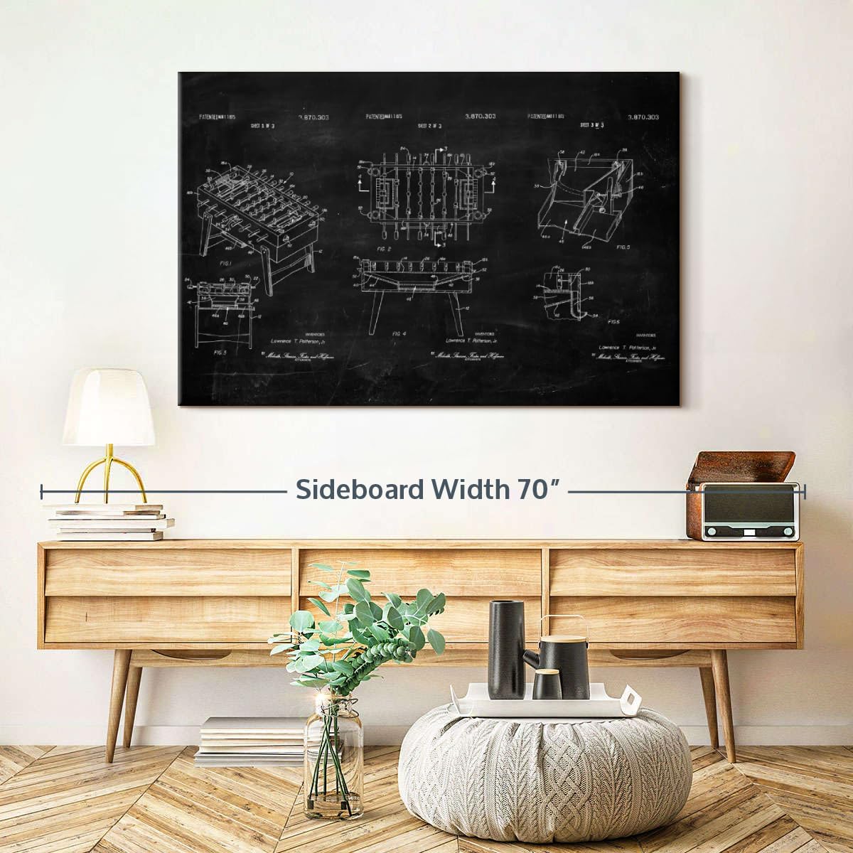 ElephantStock Soccer Table BW Patent Wall Art - Horizontal Wrapped Canvas - 1-Piece Living Room Wall Decor - Soccer Digital Art Canvas Print - Black and White Decor - 48" X 32"