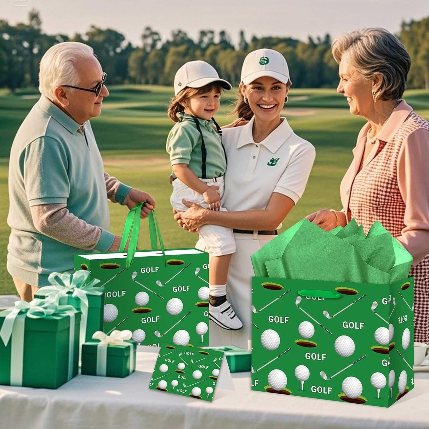 Golf Club Gift Bag, Green and White Golf Gift Bag with Card and Tissue Paper, Sports Theme Party Decor for Men, Fans, Birthday Party Supplies, Milestone Celebrations
