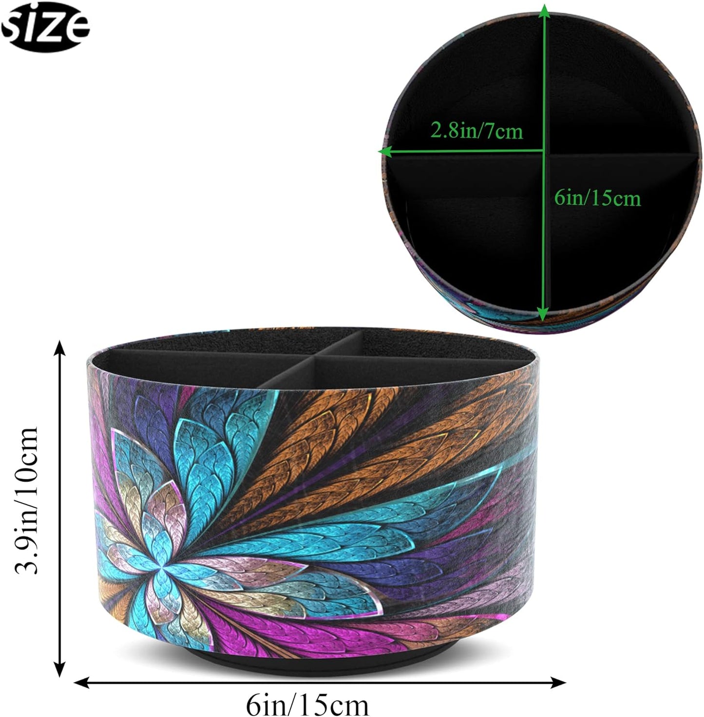 Hennaja Round Leather Art Supply Organizer,Remote Control Holder,360 Degree Rotating,Multi-Functional Pencil Holder,4 Compartments Desktop Stationary Organizer(1-Fractal Flower)