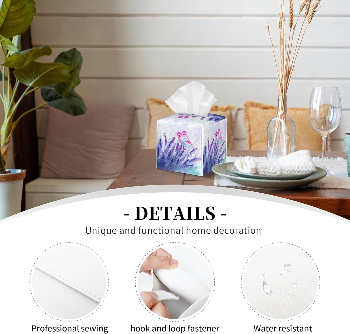 Purple Lavender and Butterfly Tissue Box Cover Square,Watercolor Lavender Flowers Tissue Box Holder Waterproof Leather Facial Paper Organizer Dispenser for Bathroom Home Car Nightstand Vanity Desk