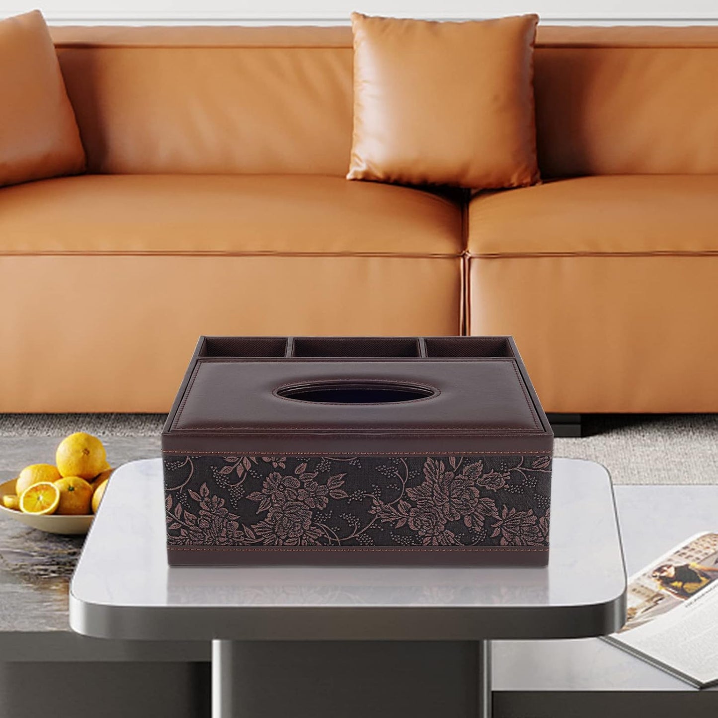 Tissue Box Cover Rectangle Retro Tissue Box Holder PU Leather Facial Tissues Organizer,Multifunctional Remote Control Stationery Storage Box,Home Office Supplies Car Napkin Caddy