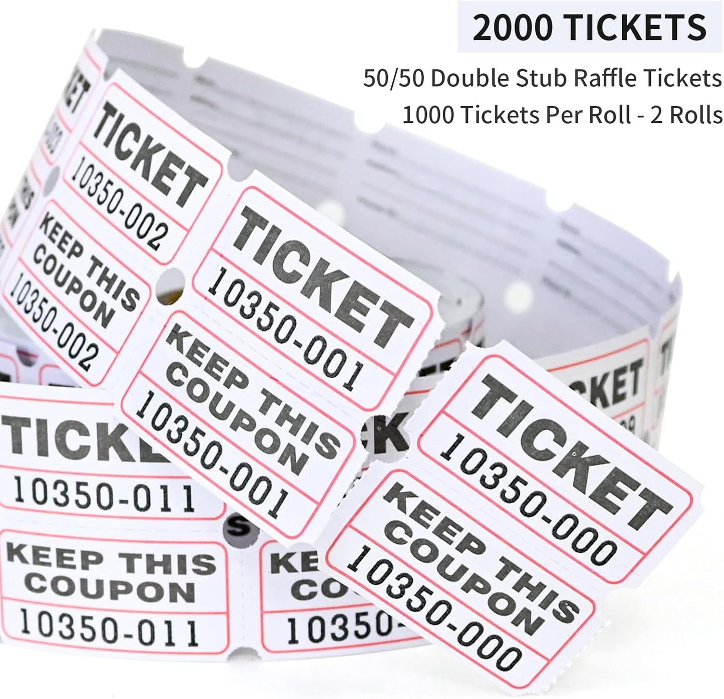 L LIKED 2000 Raffle Tickets 50/50 Raffle Ticket 2 Rolls of 1000 Double Tickets for Events, Entry -White