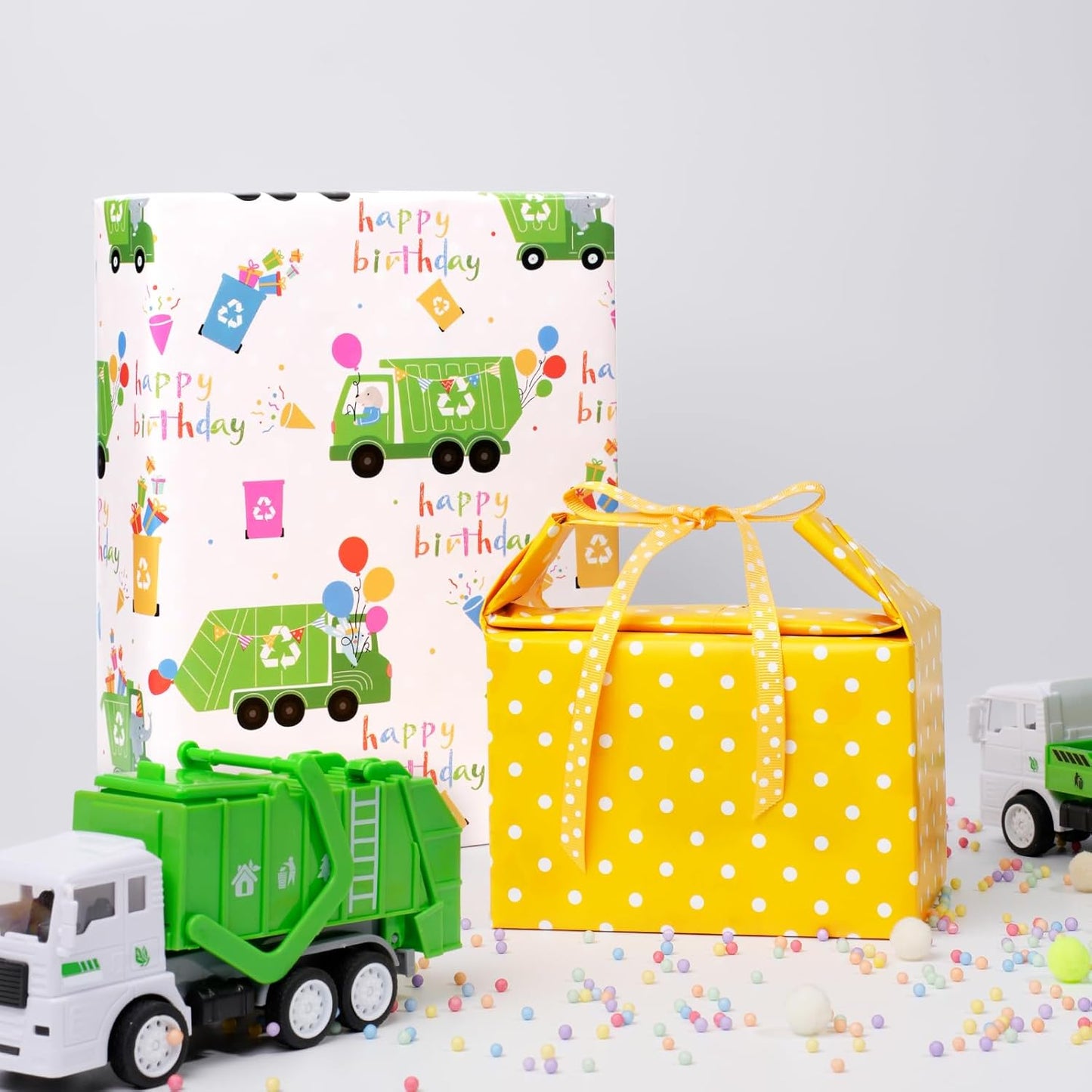 LaRibbons Garbage Truck Reversible Wrapping Paper Mini Roll, Polka Dot Design, Perfect for Kids and Boys Birthdays, 17" x 33' (46.7 sq. ft)