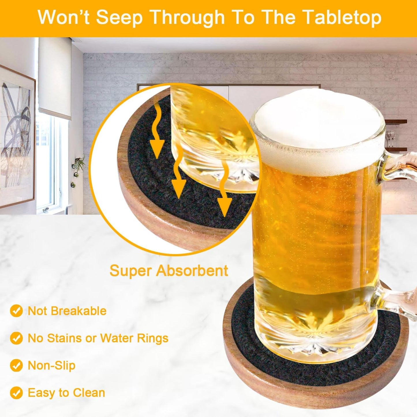 Drink Coasters Set of 5, Coasters for Drinks Absorbent, Wood Coasters for Coffee Table, Housewarming Gift for Farmhouse Home Decor,4 inches (Black)