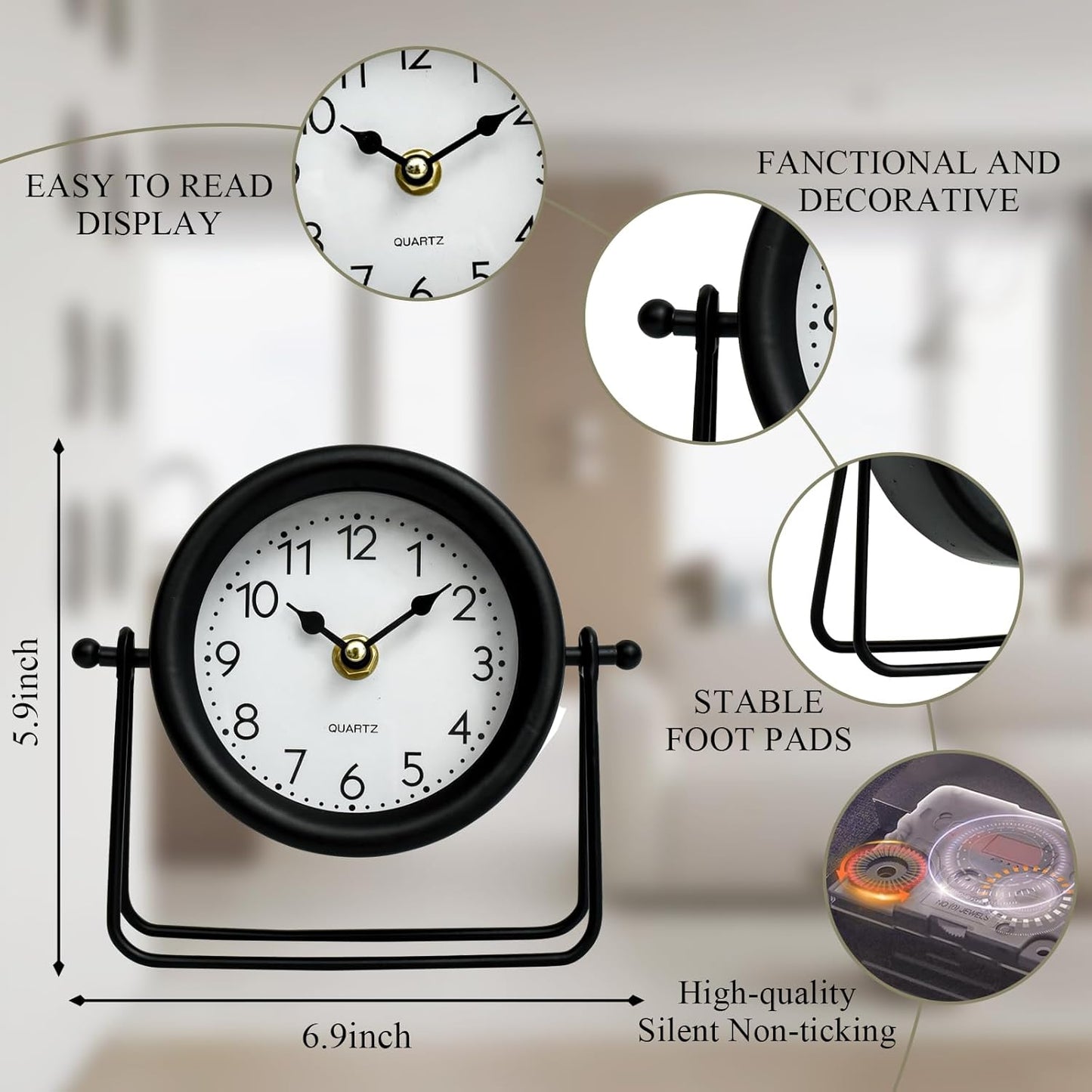 Small Black Desk and Shelf Clock, 5.9*6.9 Inch Retro Elegant Tabletop Clock with Glass Cover, Silent Non-Ticking Battery Operated Decorative Clock for Living Room, Office, Bedroom, Gift Idea