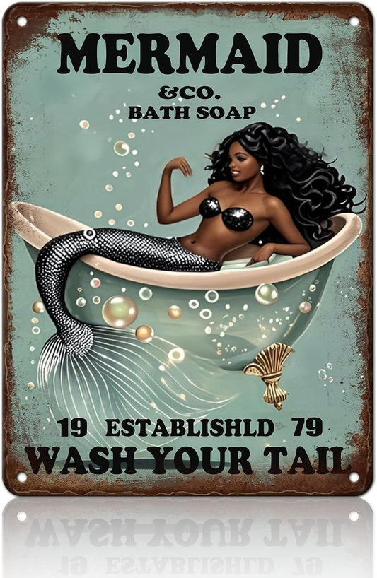 Funny Mermaid Company Bath Soap Metal Signs Wash Your Tail Sign Vintage Tin Sign Wall Decor Retro Tin Signs for Room Living Room Bathroom Toilet Hotel 12x16 Inch